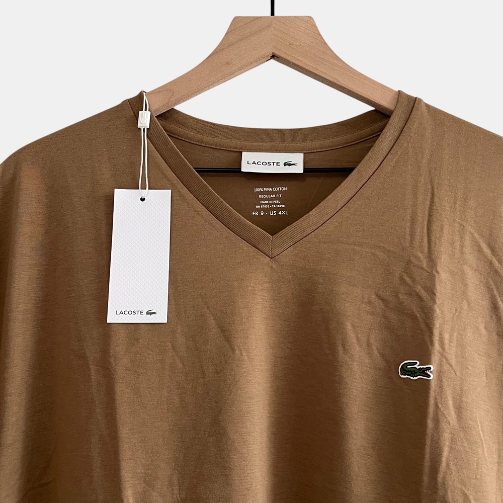 Lacoste Men's 4XL Tan Cookie V Neck T Shirt Pima Cotton Regular Fit NWT Logo Tee